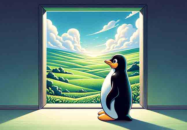 A penguin looking through a window into a bucolic scene
