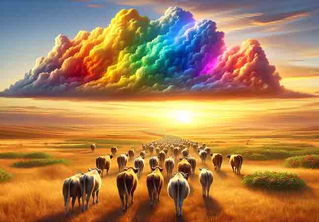 A herd of cattle walking underneath multicolored clouds