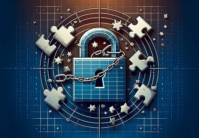 Illustration of a padlock surrounded by puzzle pieces